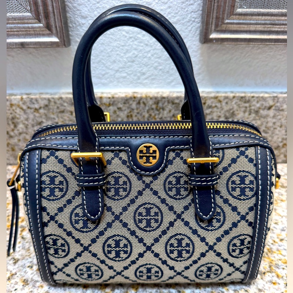 Tory Burch Navy and Cream Logo Jacquard Mini Satchel